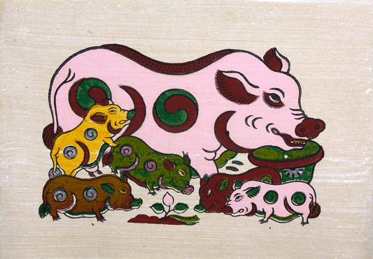 Peinture folklorique vietnamienne Đông Hồ – « Đàn Lợn Âm Dương » (La Truie et ses Porcelets)