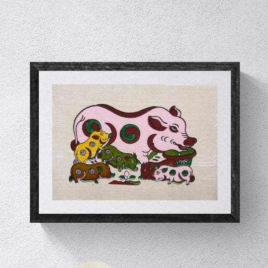 Peinture folklorique vietnamienne Đông Hồ – « Đàn Lợn Âm Dương » (La Truie et ses Porcelets)