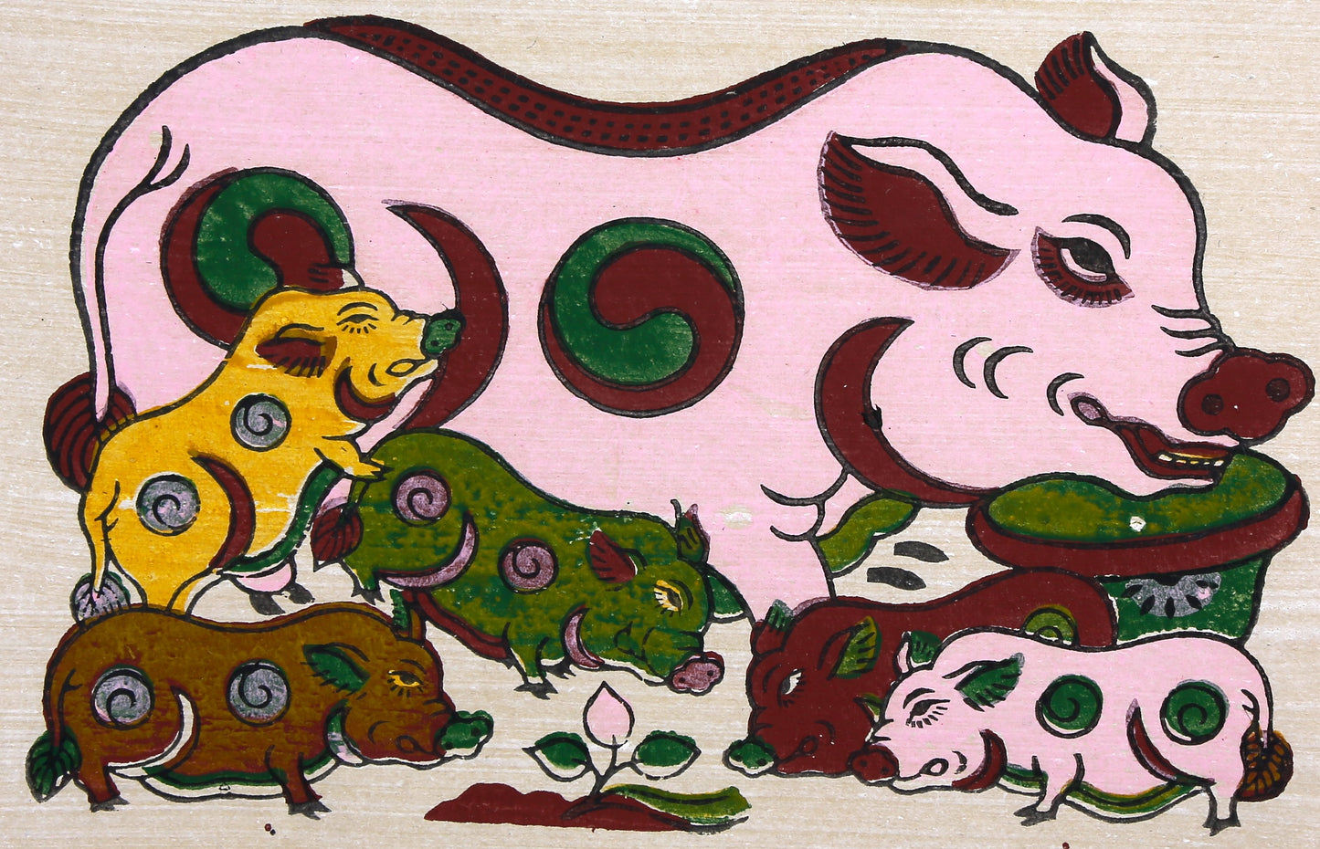 Peinture folklorique vietnamienne Đông Hồ – « Đàn Lợn Âm Dương » (La Truie et ses Porcelets)